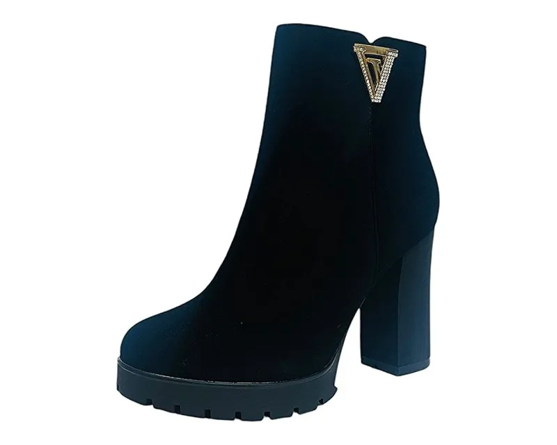 Diamante Block Heels Zip Ankle Boots