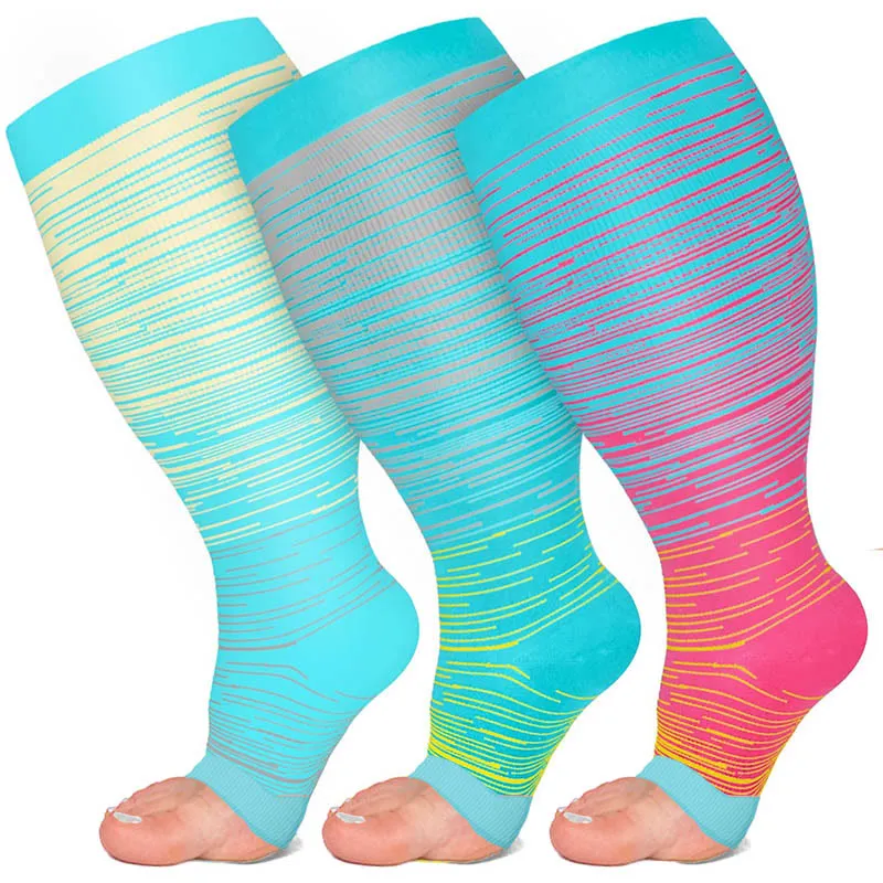 Plus Size Color Stripes Open Toe Compression Socks