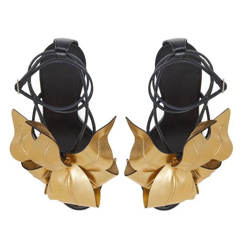 Pre Order:  Big Flower Embellished Ankle Wrap Thin Heel Sandals