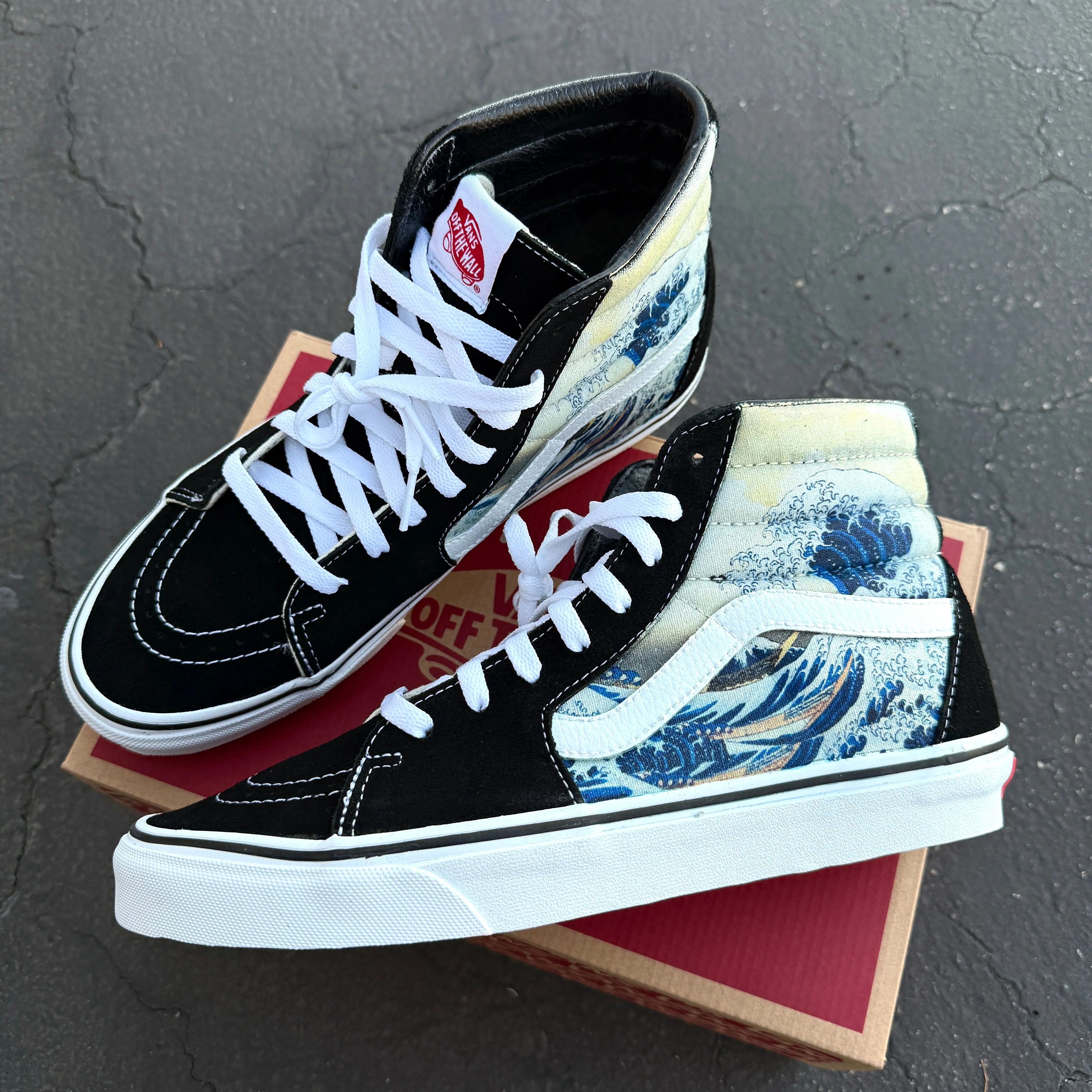 The Great Wave on  Black Vans Sk8-Hi Shoes