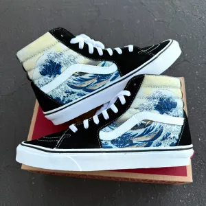 The Great Wave on  Black Vans Sk8-Hi Shoes