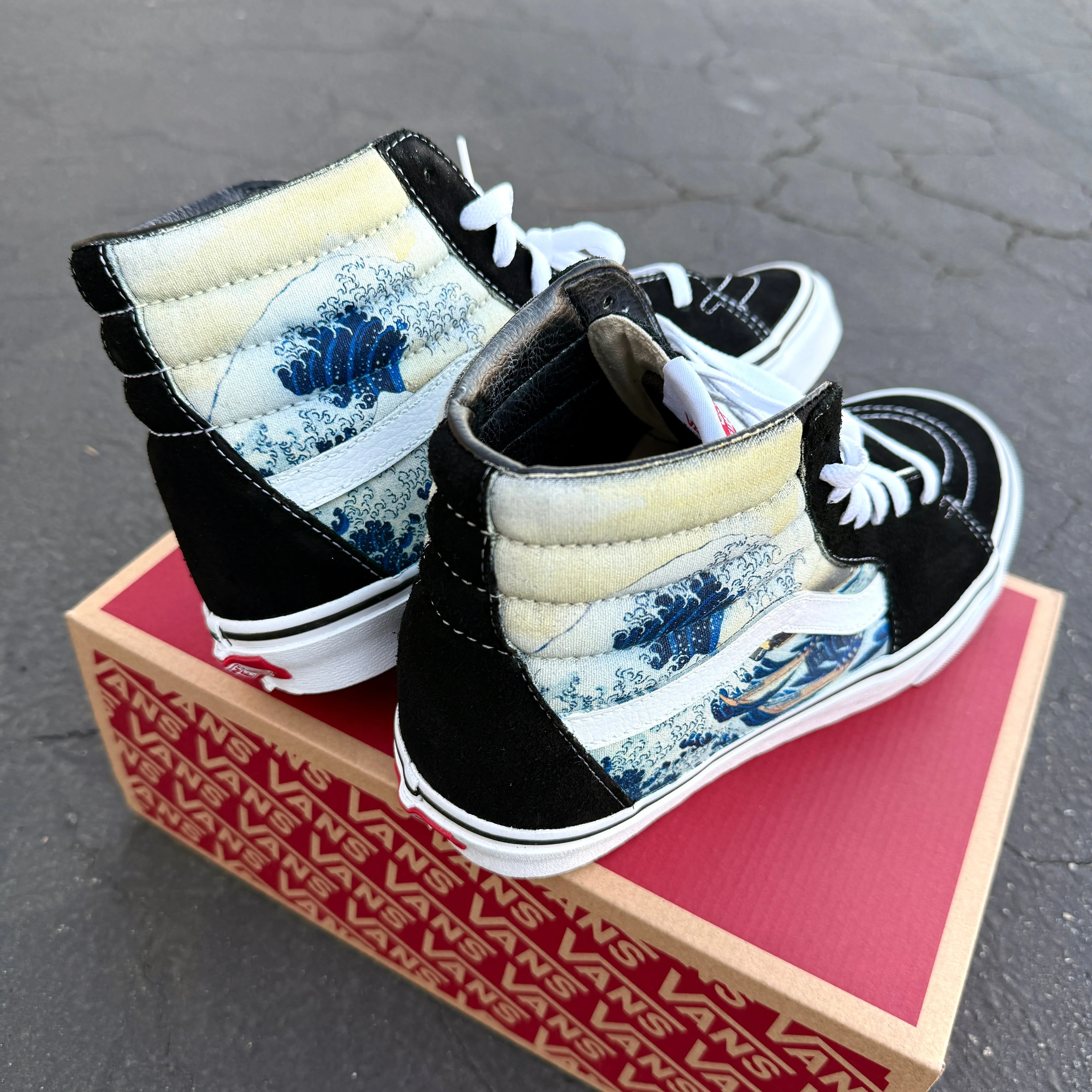 The Great Wave on  Black Vans Sk8-Hi Shoes