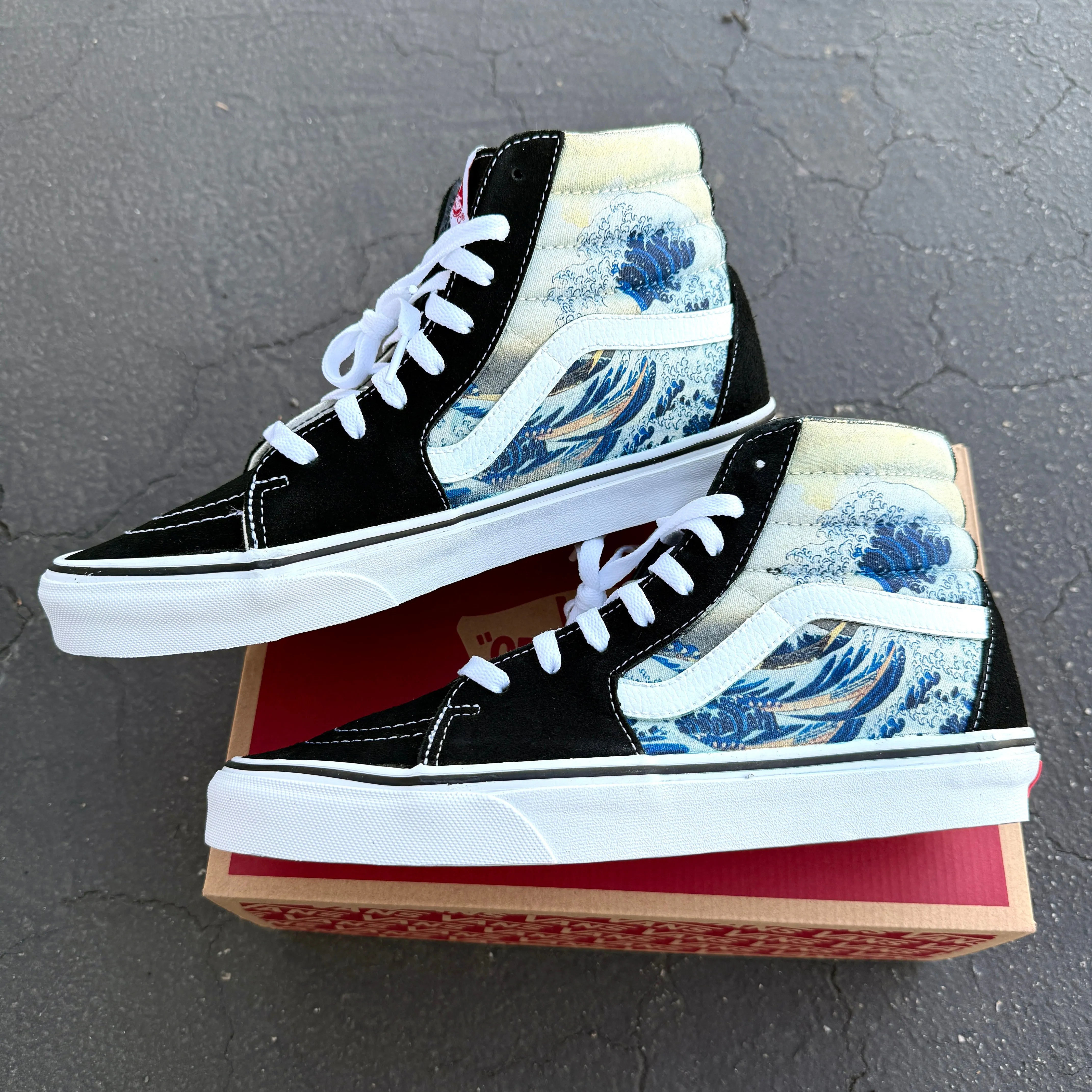 The Great Wave on  Black Vans Sk8-Hi Shoes