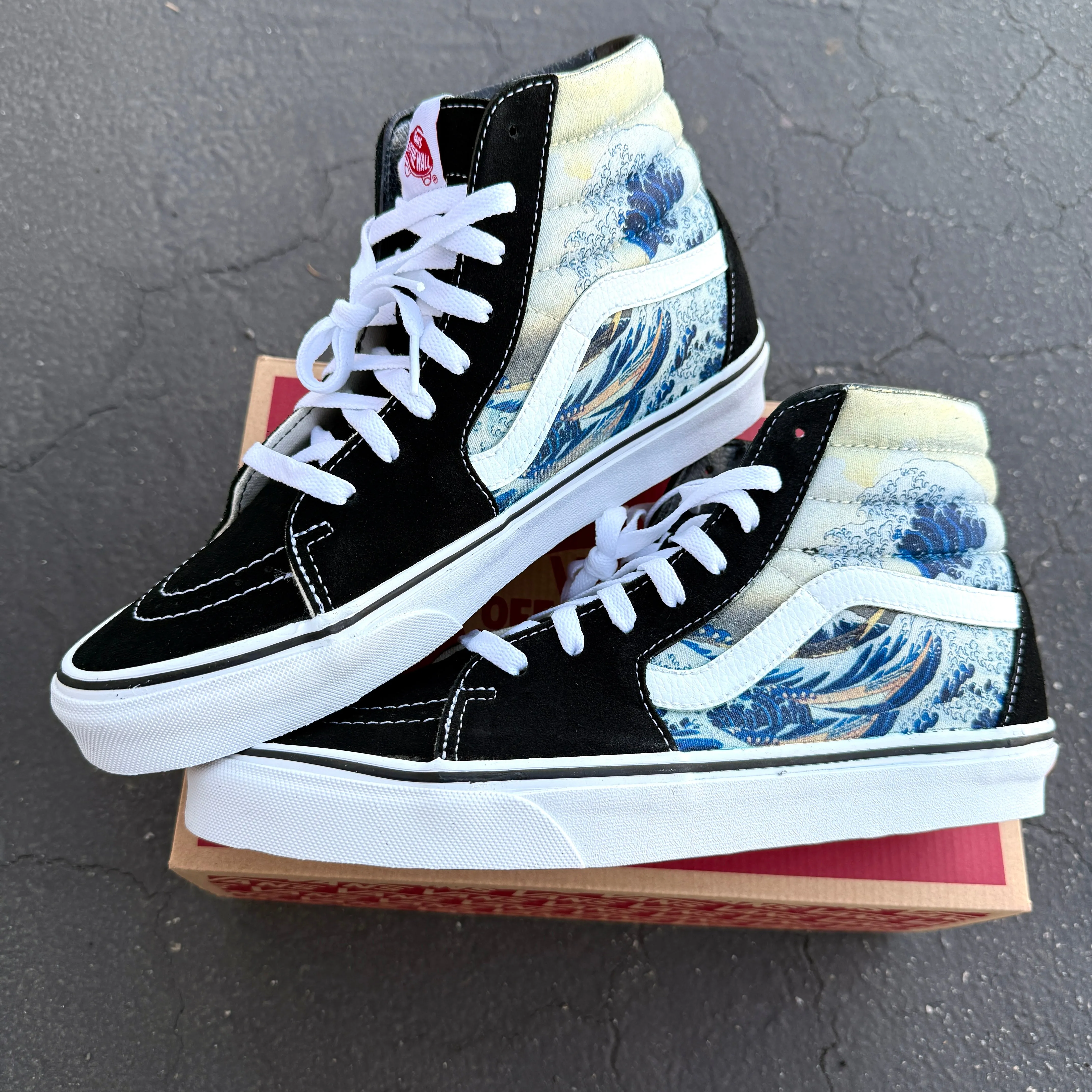 The Great Wave on  Black Vans Sk8-Hi Shoes